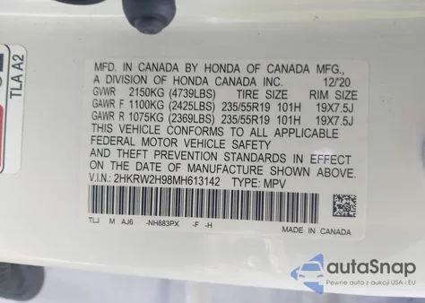 2021 Honda Cr-V Awd Touring из США, поврежденный, VIN 2HKRW2H98MH613142